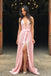 Elegant Pink V-Neck Side Slit Long Prom Dress Ideas, Evening Party Dresses,WGP1926