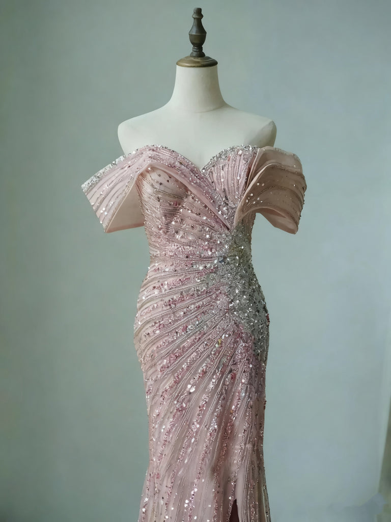 Sparkly Pink Off-Shoulder Mermaid Side Slit Long Prom Dress Ideas, Evening Party Dresses,WGP1753
