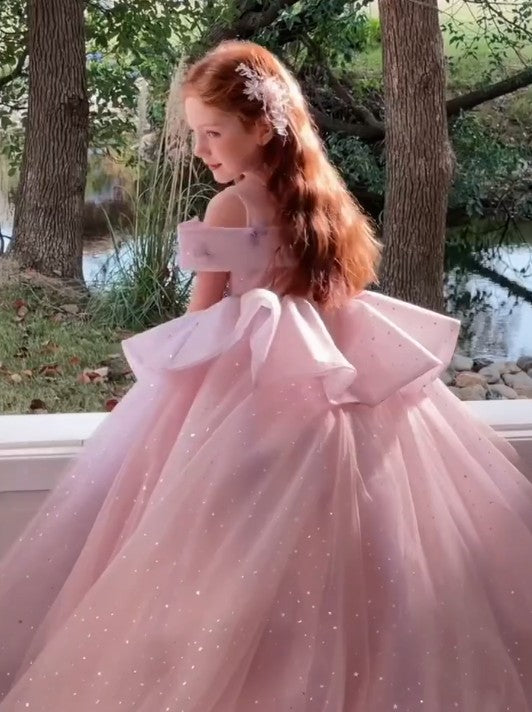 Cute Pink Off-Shoulder Long A-Line Flower Girl Dress , FG025