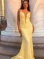 Unique Yellow Lace Applique Mermaid Prom Dress with Deep V-Neck Formal Gown,WGP2097