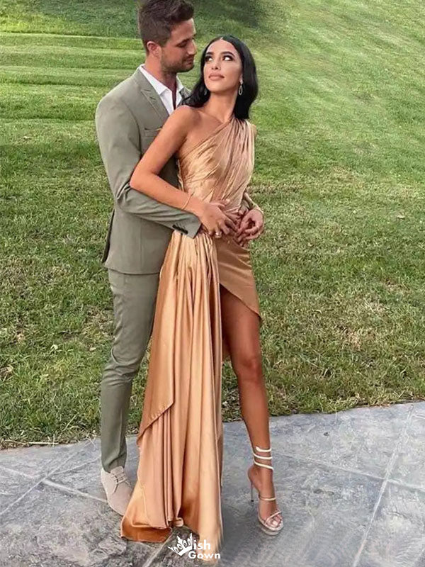 Elegant Gold One-Shoulder Mermaid Side Slit Long Prom Dress Ideas, Evening Party Dresses,WGP1608