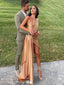 Elegant Gold One-Shoulder Mermaid Side Slit Long Prom Dress Ideas, Evening Party Dresses,WGP1608