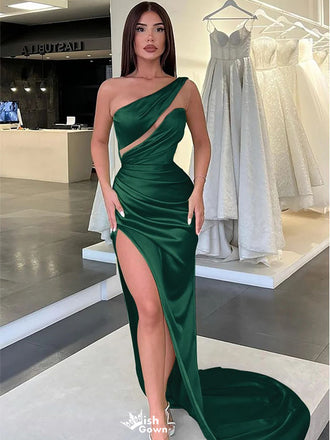 Elegant Green One-Shoulder Mermaid Side Slit Long Prom Dress Ideas, Evening Party Dresses,WGP1625