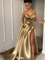 Fancy Gold Satin Strapless High Slit A-Line Formal Dresses, Long Prom Dresses,WGP2063