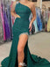 Elegant Green One-Shoulder Mermaid Side Slit Long Prom Dress Ideas, Evening Party Dresses,WGP1739