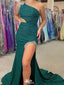 Elegant Green One-Shoulder Mermaid Side Slit Long Prom Dress Ideas, Evening Party Dresses,WGP1739