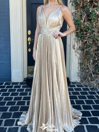 Elegant V-neck Spaghetti Strap A-line Long Prom Dress Ideas, Evening Party Dresses,WGP1306