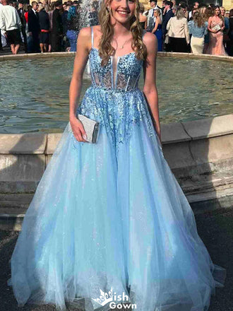Elegant Spaghetti Strap Notched A-line Long Prom Dress Ideas, Evening Party Dresses,WGP1309