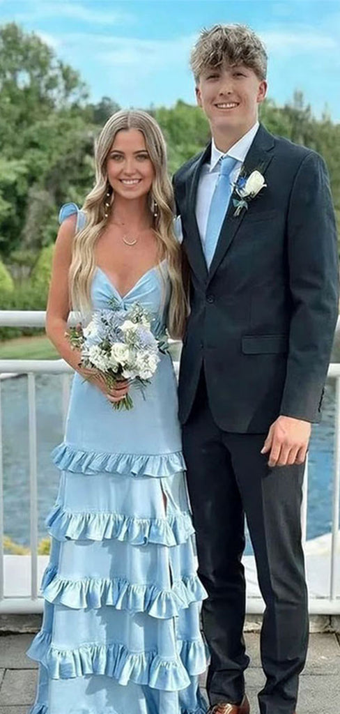 Pretty Ruffled Tiered Light Blue Prom Dress V-Neck Sleeveless Party Gown,WGP2162