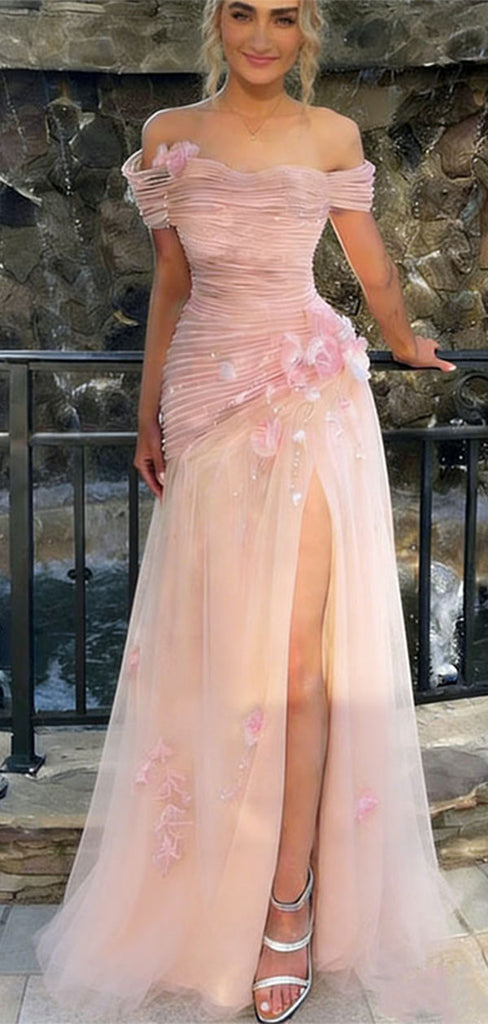 Unique Off-Shoulder Ruched Tulle Prom Dress with Floral Appliques,WGP2152