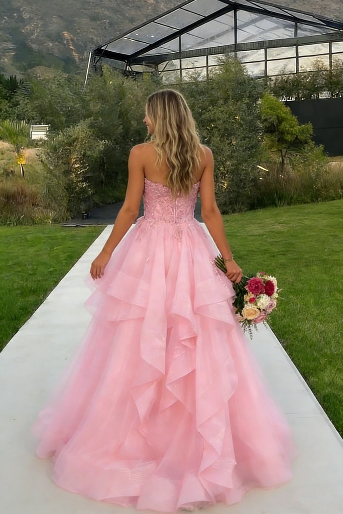 Unique Pink Tiered Tulle Ball Gown Strapless Applique Formal Prom Dress,WGP2146