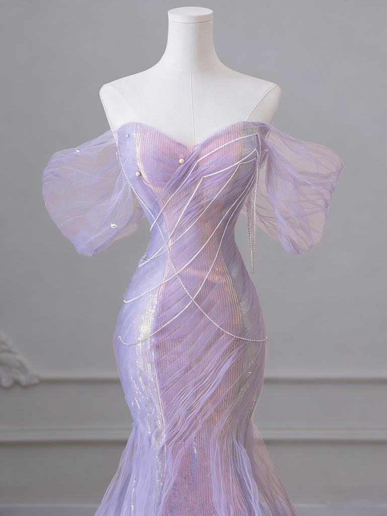 Sparkly Purple Off-Shoulder Mermaid Long Prom Dress Ideas, Evening Party Dresses,WGP1892