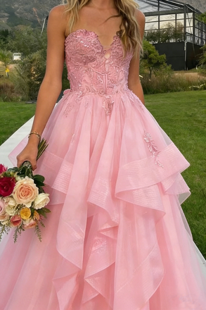 Unique Pink Tiered Tulle Ball Gown Strapless Applique Formal Prom Dress,WGP2146