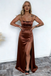 Elegant Brown Satin Prom Dress Sexy Ruched Bust Sleeveless High Slit Long Gown,WGP2070