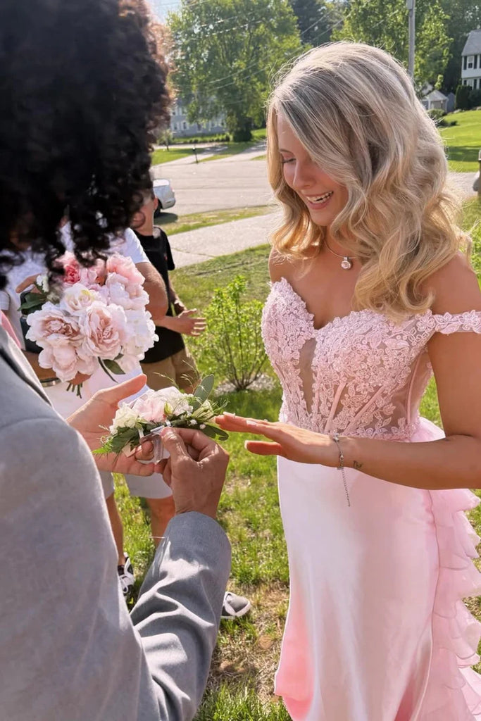 Elegant Floral Pink Off Shoulder Mermaid Long Prom Dress Ideas, Evening Party Dresses, WGP2038