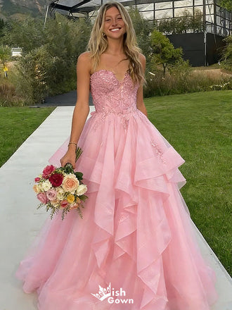 Unique Pink Tiered Tulle Ball Gown Strapless Applique Formal Prom Dress,WGP2146