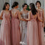 Elegant Pink V-Neck Sleeveless Floral A-Line Long Bridesmaid Dresses Online,WGM442