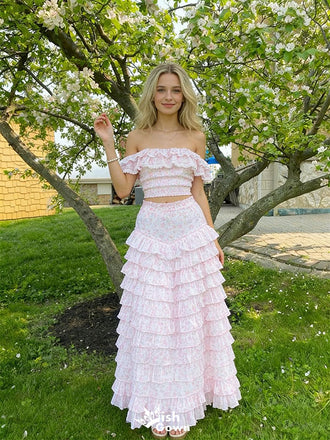 Pretty Floral Off Shoulder Two-Piece Prom Dress Ruffled Tiered Maxi Skirt Set,WGP2168