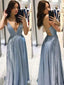 Shiny Blue Spaghetti Strap A-Line Long Prom Dress Ideas, Evening Party Dresses,WGP1635