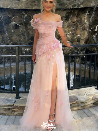 Unique Off-Shoulder Ruched Tulle Prom Dress with Floral Appliques,WGP2152