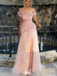 Unique Off-Shoulder Ruched Tulle Prom Dress with Floral Appliques,WGP2152