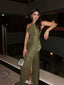 Elegant Green One-Shoulder Mermaid Side Slit Long Prom Dress Ideas, Evening Party Dresses,WGP1609