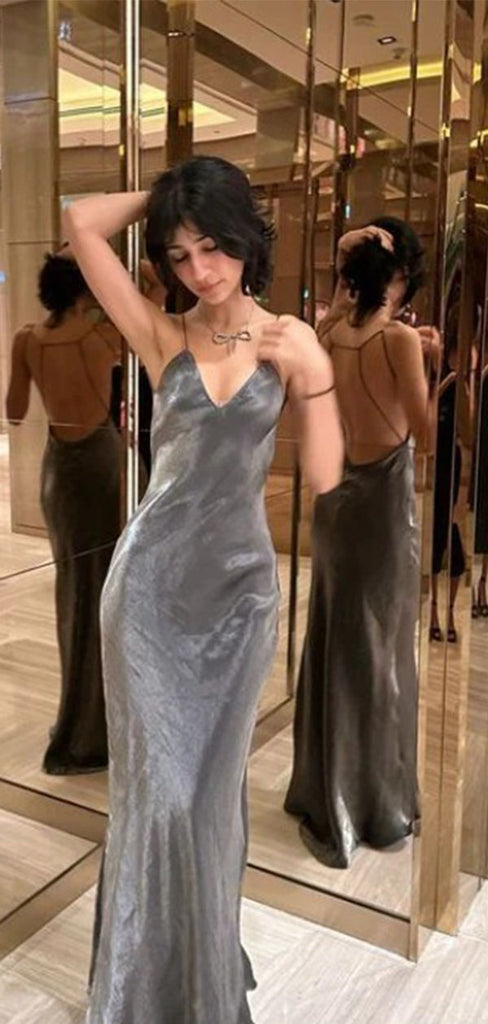 Elegant Gray Spaghetti Strap Mermaid Long Prom Dress Ideas, Evening Party Dresses,WGP1705