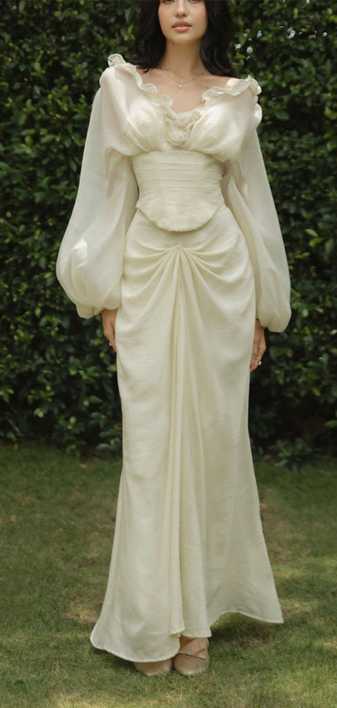 Unique Floral White V-Neck Long Sleeve Long Prom Dress Ideas, Evening Party Dresses,WGP1816