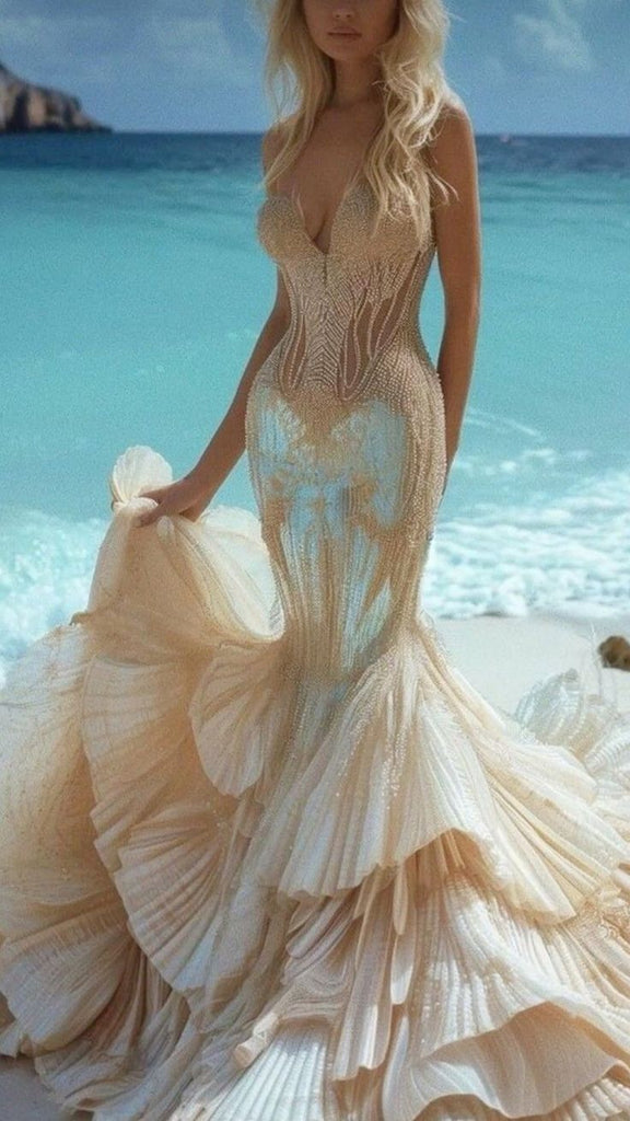 Gorgeous Champagne Sweetheart Mermaid Long Prom Dress Ideas, Evening Party Dresses,WGP1979
