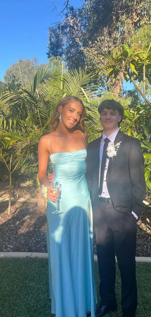 Elegant Blue Spaghetti Strap Side Slit Mermaid Long Prom Dress Ideas, Evening Party Dresses,WGP1678