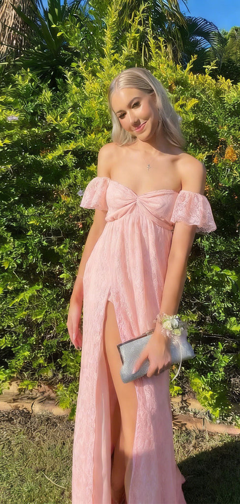 Elegant Pink Sweetheart Short Sleeve Lace Prom Dress with High Side Slit,WGP2153