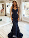 Sexy Navy Sequin Mermaid Prom Dress Sheer Side Cutout Formal Gown,WGP2147