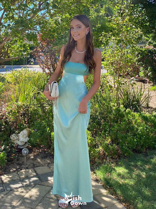 Modern Teal Satin Cutout Evening Gown Sleeveless Square Neck Backless Formal Prom Dress,WGP2106