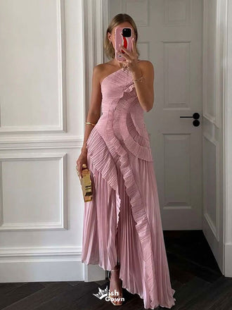 Unique Dusty Rose High Neck Pleated Prom Dress Asymmetrical Ruffle Evening Gown,WGP2163