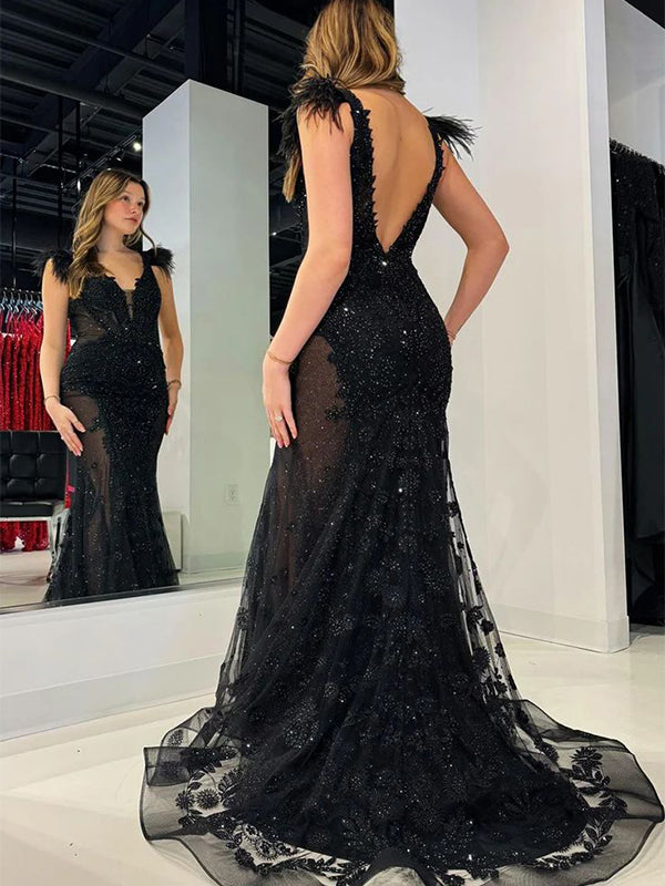 Sexy Black Mermaid Off-Shoulder Lace Long Sleeve Popular Long Evening Dresses, Formal Dresses, Birthday Party, WGP649