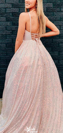 Gorgeous V-neck Spaghetti Strap A-line Long Prom Dress Ideas, Evening Party Dresses,WGP1141
