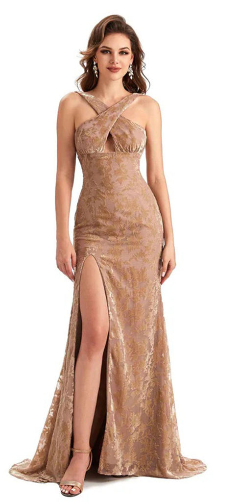 Unique Gold V-Neck Mermaid Side Slit Long Prom Dress Ideas, Evening Party Dresses,WGP1706