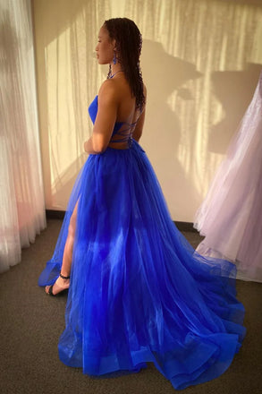 Elegant Blue Spaghetti-Strap A-Line Side Slit Long Prom Dress Ideas, Evening Party Dresses,WGP1628