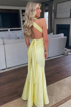Pretty Pale Yellow V-Neck Prom Gown Sexy Crisscross Waistband Satin Mermaid Fit,WGP2107