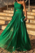 Elegant Green One-Shoulder A-Line Long Prom Dress Ideas, Evening Party Dresses,WGP1636