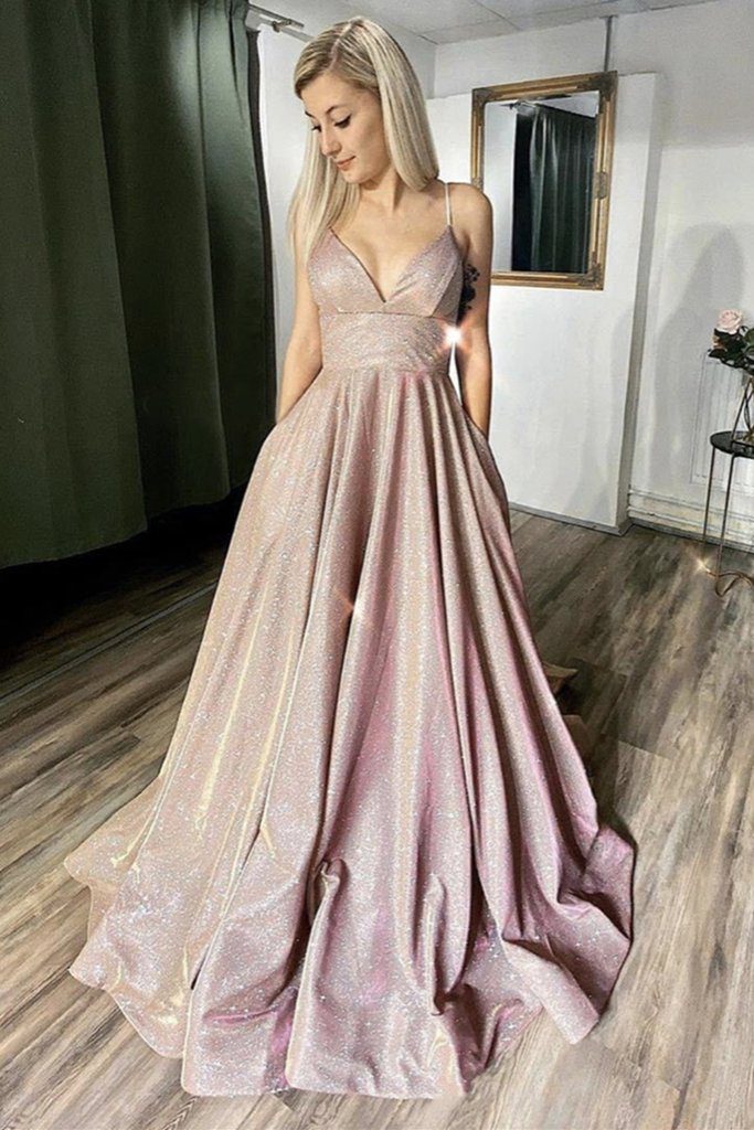 Shiny Pink Spaghetti Strap A-Line Long Prom Dress Ideas, Evening Party Dresses,WGP1644