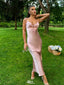 Elegant Pink Satin Slip Prom Dress Sexy Cut-Out Front Tie Midi Length Cocktail Gown,WGP2170