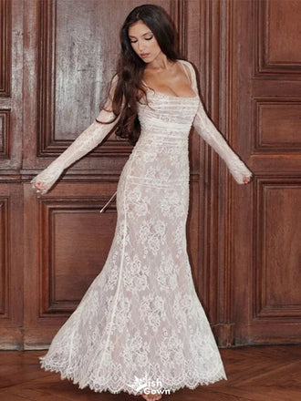 Elegant White Lace Long Sleeve Mermaid Long Prom Dress Ideas, Evening Party Dresses  , WGP1907
