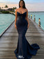 Sexy Strapless Corset Mermaid Prom Gown in Navy Lace with Long Sweep Train,WGP2154