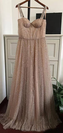 Shiny Gold Spaghetti Strap A-Line Long Prom Dress Ideas, Evening Party Dresses,WGP1602