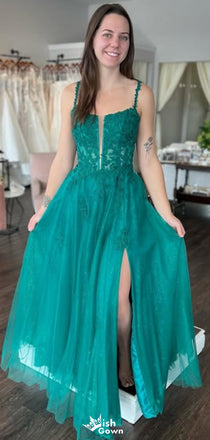 Gorgeous Spaghetti Strap Notched A-line Long Prom Dress Ideas, Evening Party Dresses,WGP1545