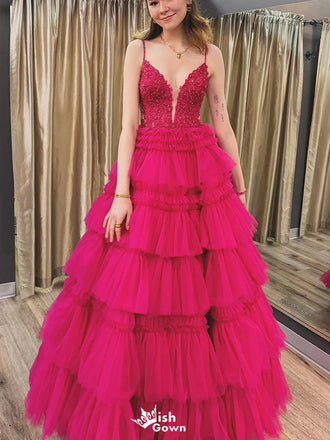 Elegant V-neck Spaghetti Strap Lace A-line Long Prom Dress Ideas, Evening Party Dresses,WGP1148