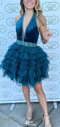 Elegant Deep V-neck Halter A-line Short Mini Homecoming Dress,EPT417