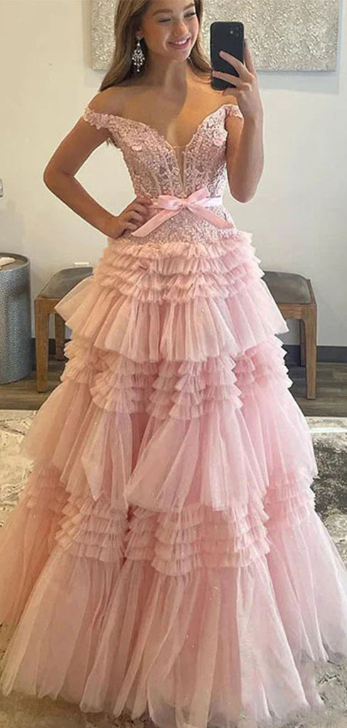 Fancy Tiered Ruffle Tulle Ball Gown Prom Dress with Beaded Off-Shoulder Top,WGP2155