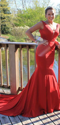 Sexy Red V-Neck Mermaid Long Prom Dress Ideas, Evening Party Dresses,WGP1818